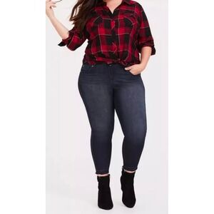 Torrid Womens Plus Size 2 Red Black Plaid Button Down Roll Tab Tunic Shirt 2X